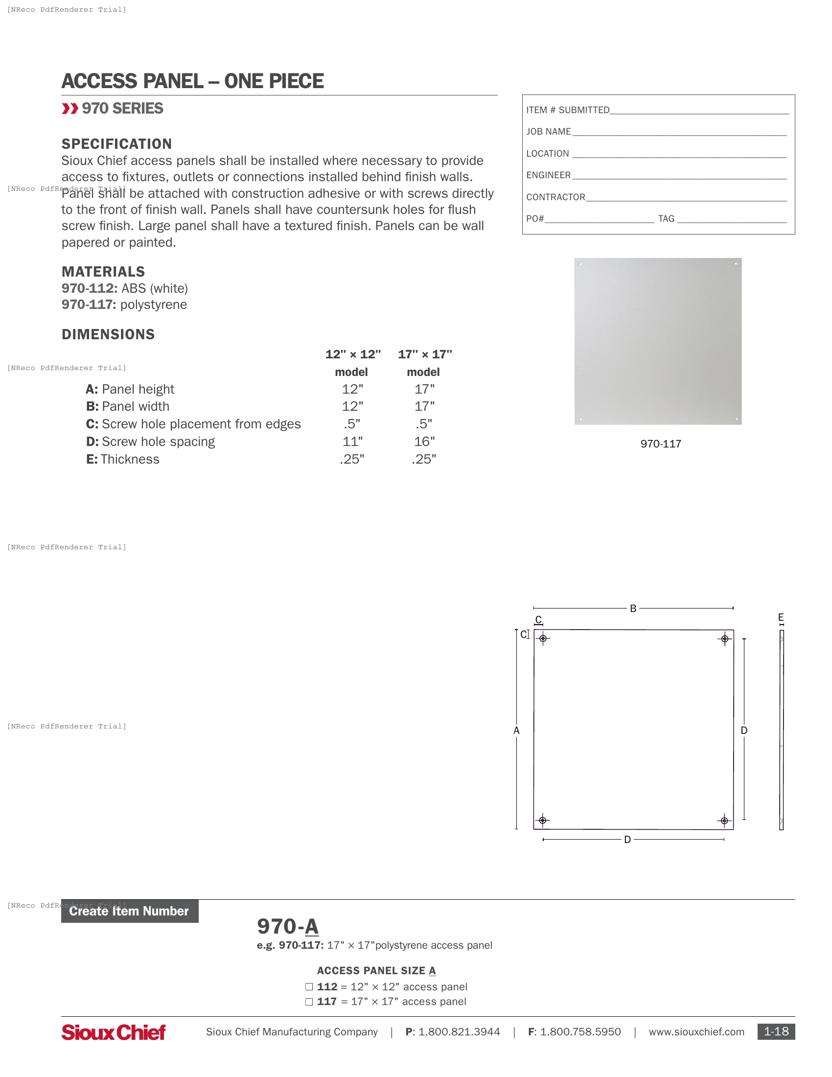 970 SERIES - ONE PIECE ACCESS PANEL - SPEC SHEET.PDF Specification Document